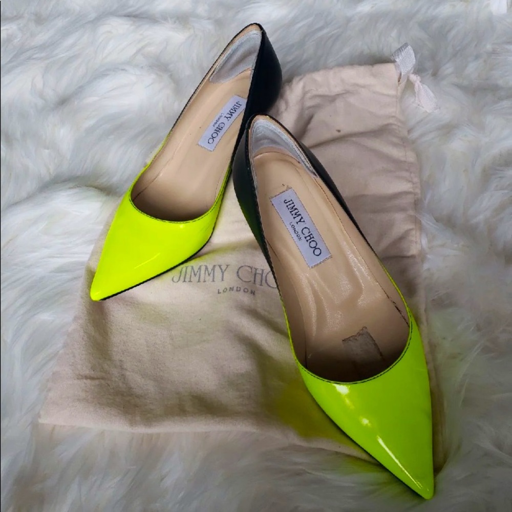 Jimmy choo neon yellow & black kitten heels size 5